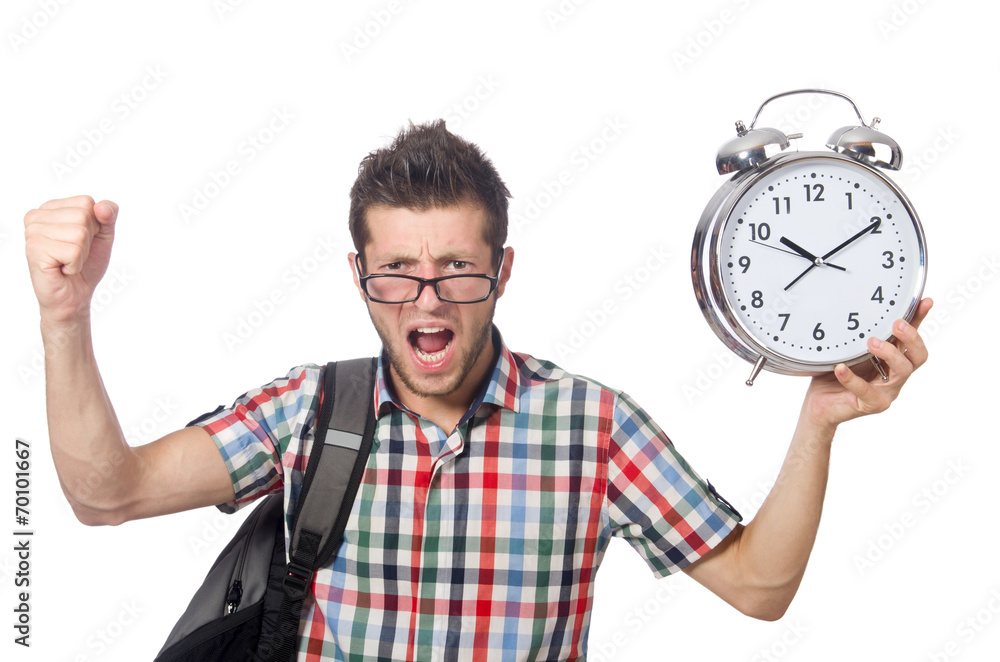 Student missing his deadlines isolated on white Student missing his deadlines isolated on white