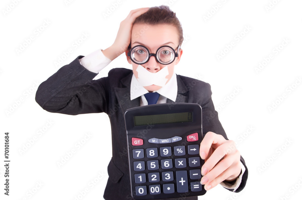 Woman with calculator in fraud concept isolated on white Woman with calculator in fraud concept isolated on white