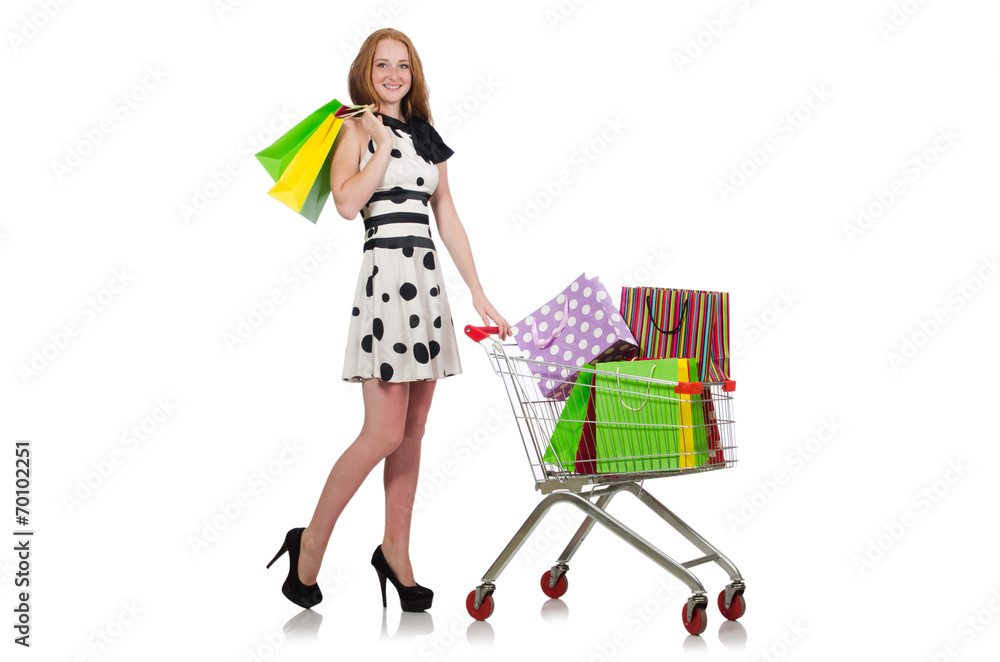 Woman after shopping in the supermarket isolated on white Woman after shopping in the supermarket isolated on white