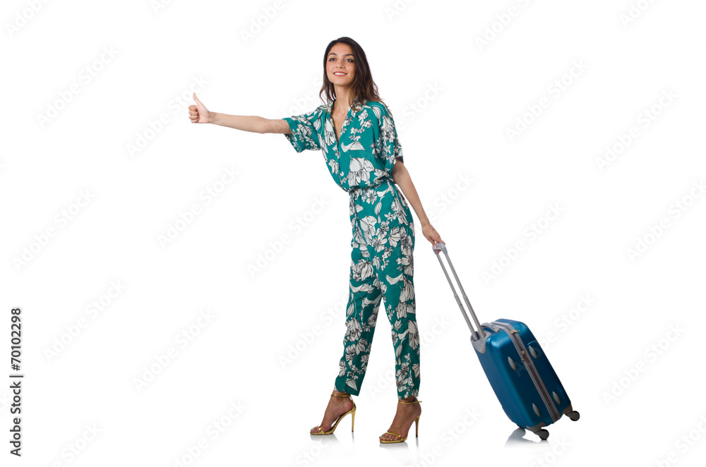 Woman traveller with suitcase isolated on white Woman traveller with suitcase isolated on white