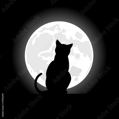 Valokuva black cat sitting opposite to the moon in night of the Halloween