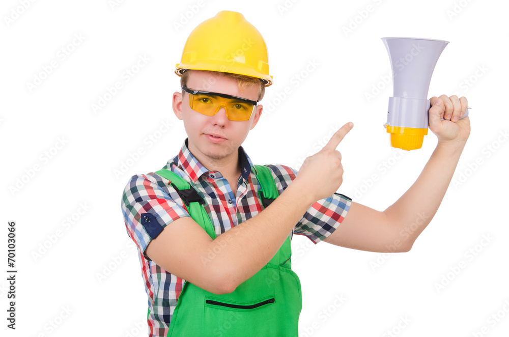 Funny construction worker with loudspeaker on white Funny construction worker with loudspeaker on white