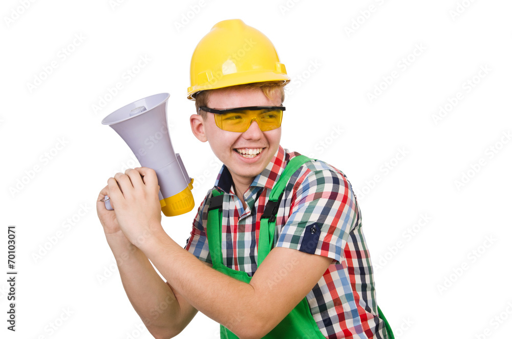 Funny construction worker with loudspeaker on white Funny construction worker with loudspeaker on white