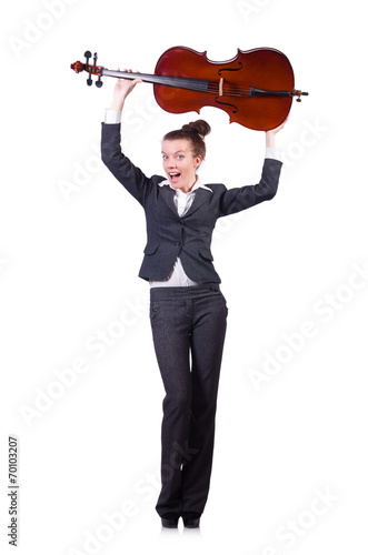 Funny woman playing violin isolated on the white