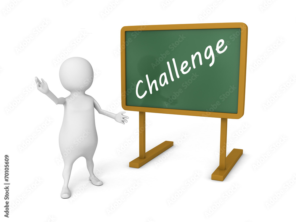 white 3d person with text CHALLENGE on blackboard white 3d person with text CHALLENGE on blackboard