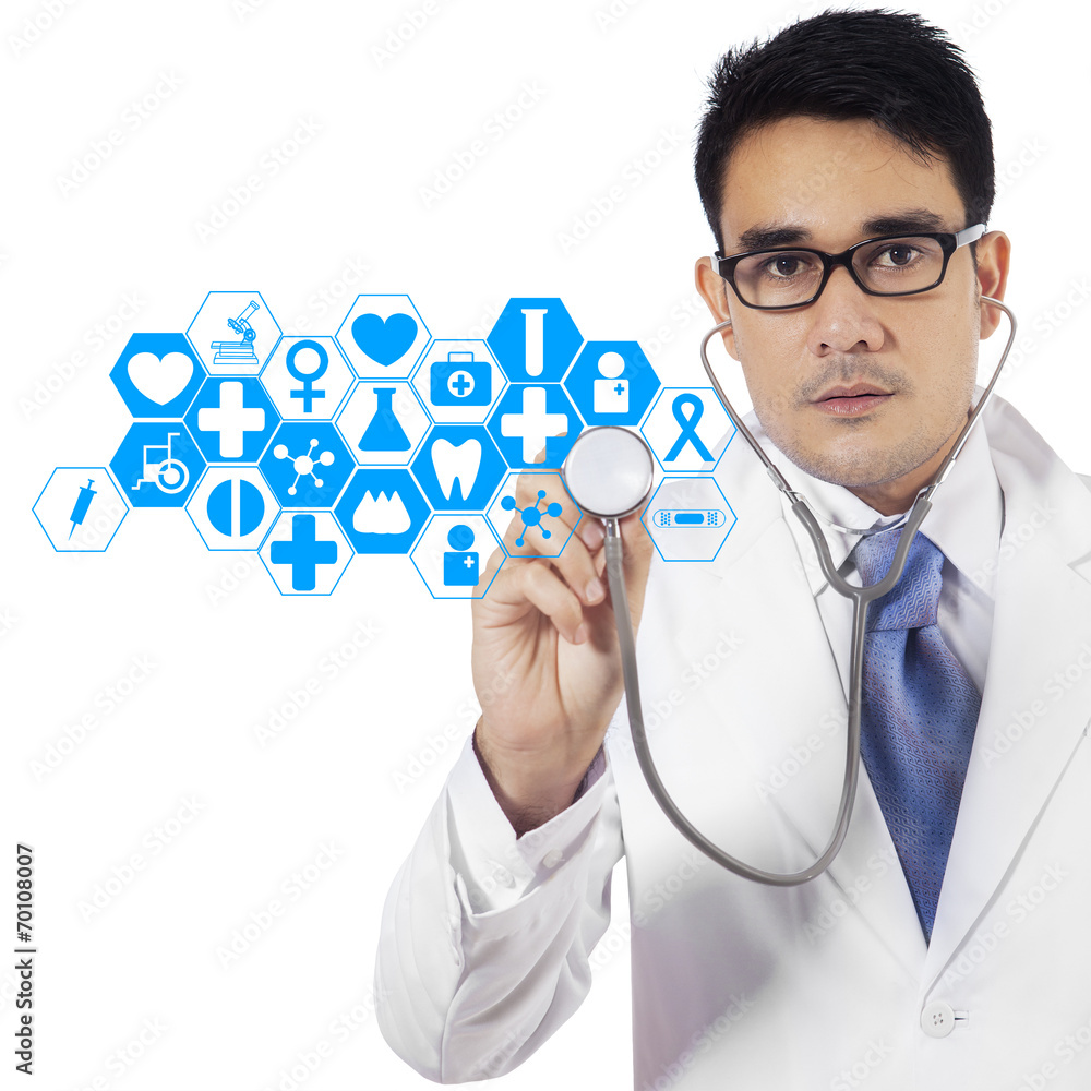 Doctor pressing virtual screen Doctor pressing virtual screen