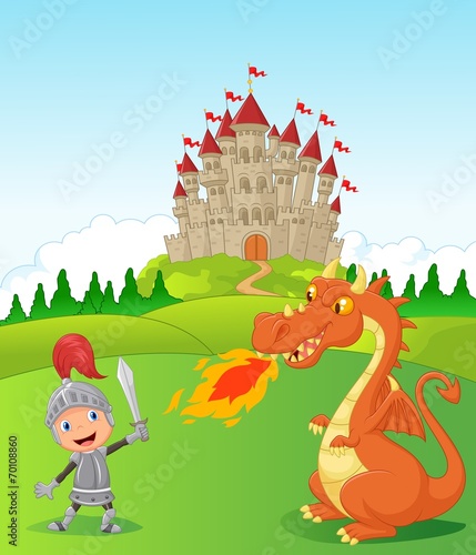Cartoon knight with fierce dragon