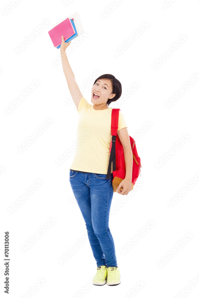 asian young student girl raising a hand with book asian young student girl raising a hand with book