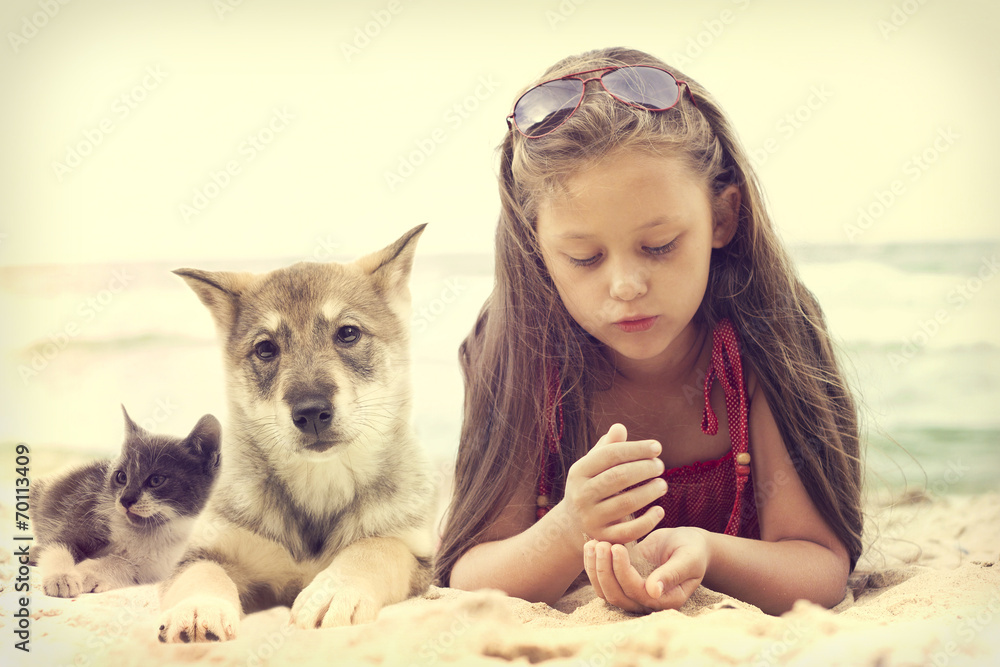 Child and puppy and kitten Child and puppy and kitten