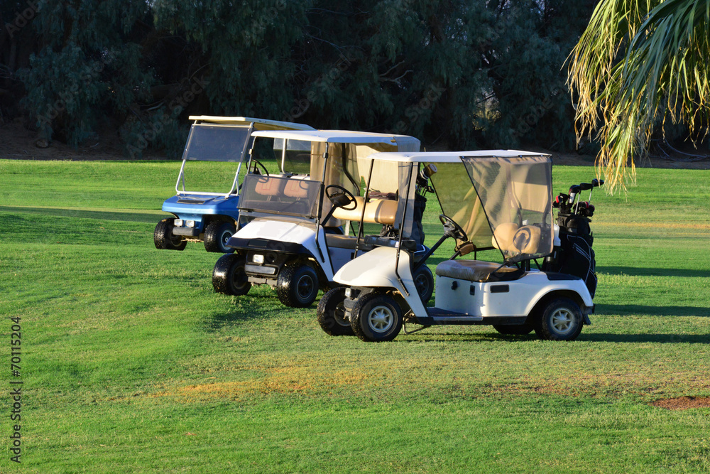 Golf buggies at at Golf course in Furnace Creek California.