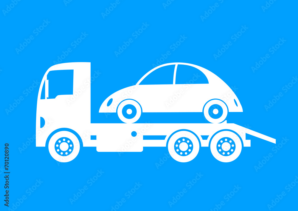 White tow truck and car on blue background