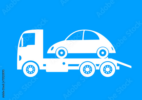 White tow truck and car on blue background