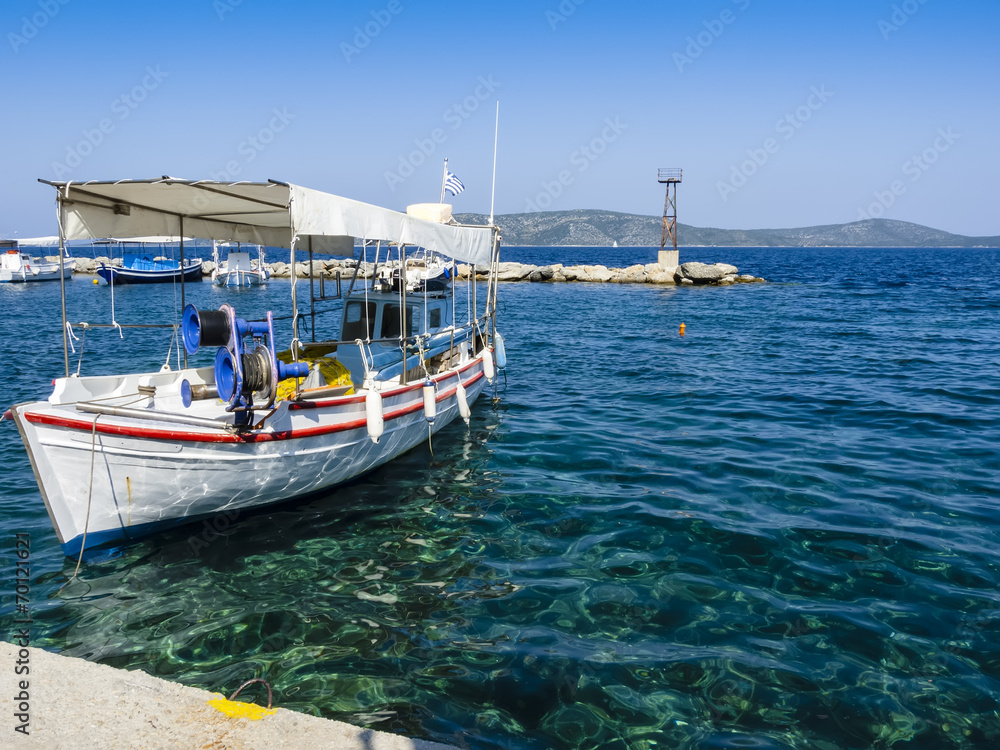 Fishing boat against clear blue sky,Alonissos Island,Greece