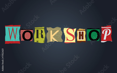 Workshop word on broken car license plates, vector