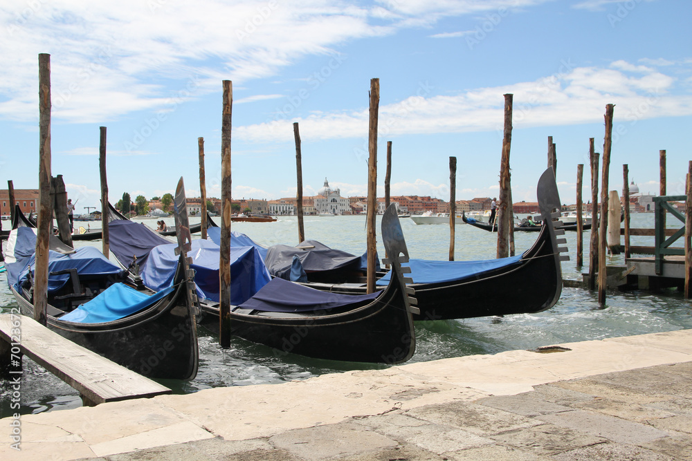 Venetian landscape with gondolas and mooring piles.