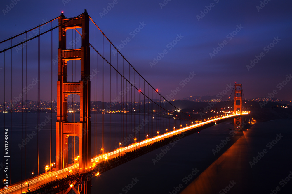 Illuminated Golden Gate Bridge at dusk, San Francisco