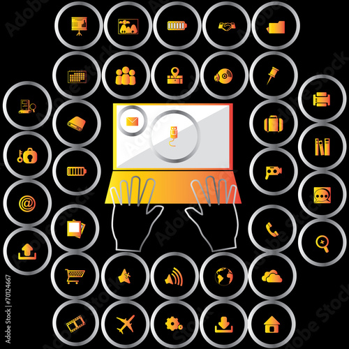 orange office icons in metallic circle