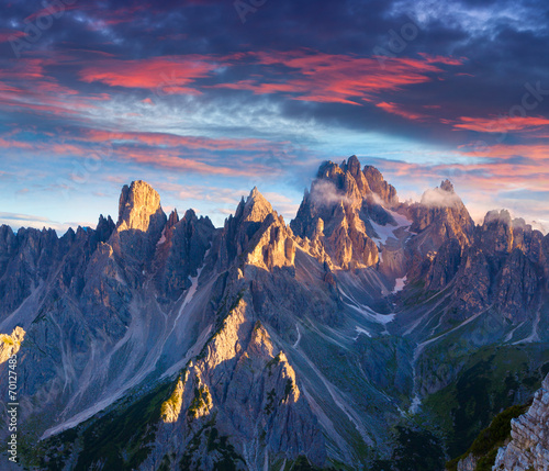 Colorful summer sunrise in Italy Alps, Tre Cime Di Lavaredo, Dol