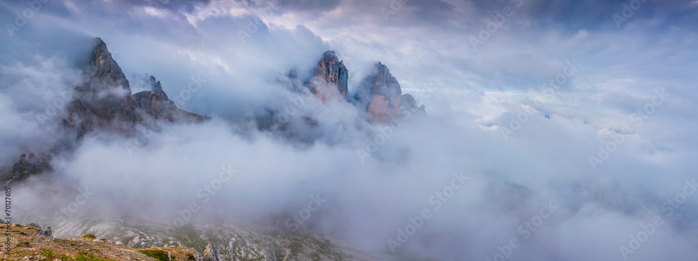Panorama of the peak of Tre Cime Di Lavaredo, Italian Dolomites, - obrazy, fototapety, plakaty 