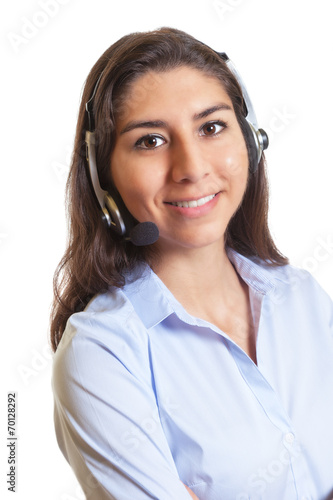 Obraz na płótnie Lachende Südamerikanerin mit Headset