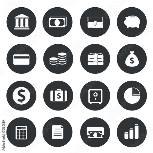 Banking Icons on black circle.