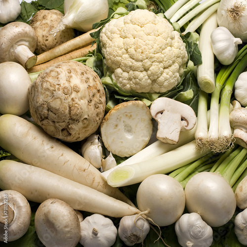 Decorative white colored vegetables background
