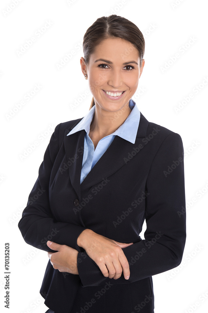 Isolierte lachende erfolgreiche junge Frau in Business Outfit Isolierte lachende erfolgreiche junge Frau in Business Outfit