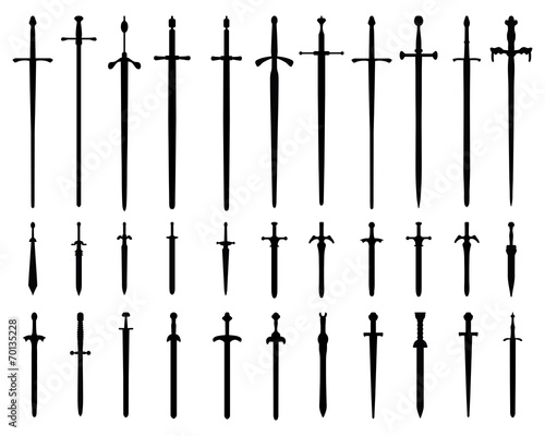 Black silhouettes of swords on a white background, vector