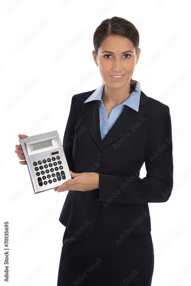 Business Frau Freigestellt Mit Taschenrechner In Der Hand Stock Foto Adobe Stock 