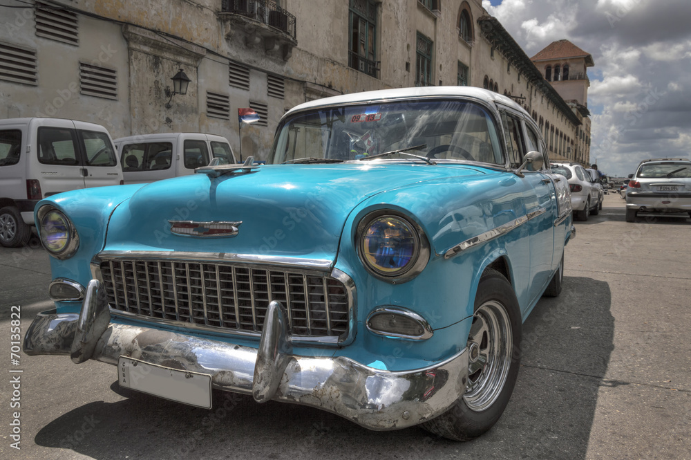 Turquoise old american car in Havana, Cuba