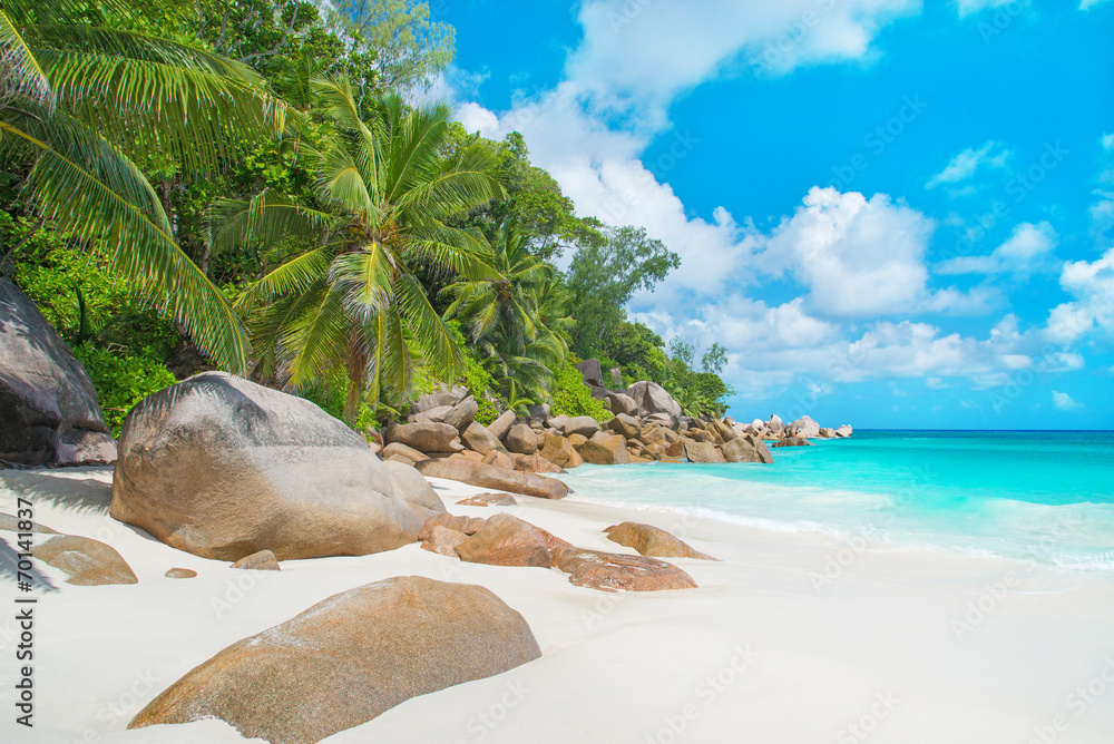 Tropical beach Anse Georgette at island Praslin, Seychelles - obrazy, fototapety, plakaty 