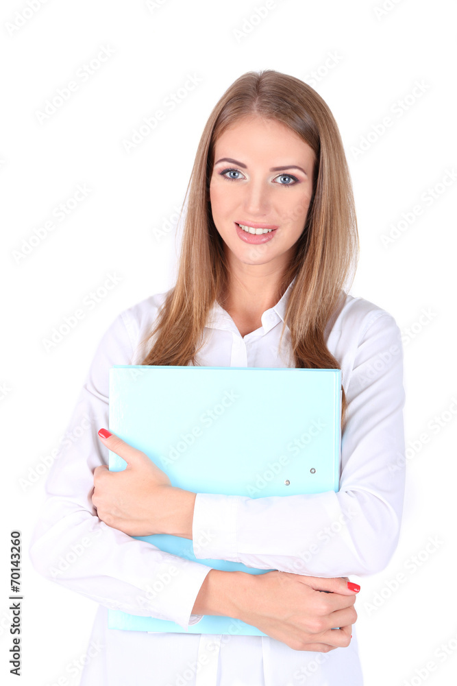 Business woman holding folder, isolated on white Business woman holding folder, isolated on white