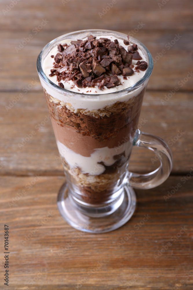 Yogurt, with chocolate cream, chopped chocolate and muesli Yogurt, with chocolate cream, chopped chocolate and muesli