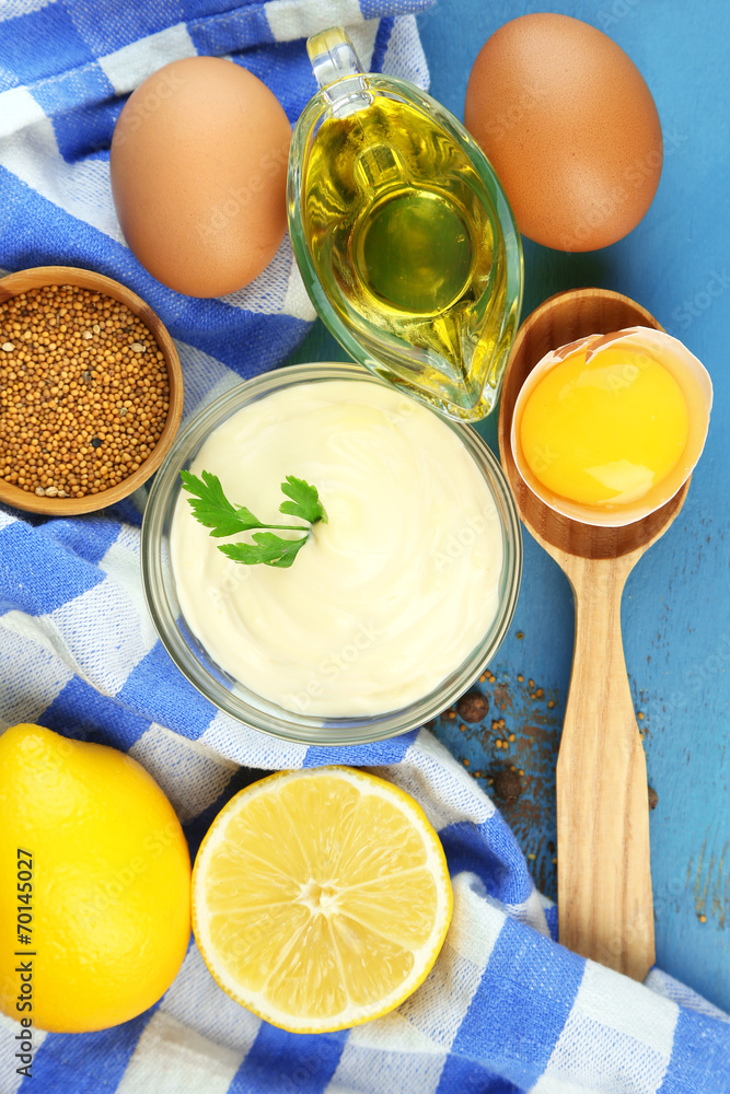 Mayonnaise ingredients on wooden background Mayonnaise ingredients on wooden background