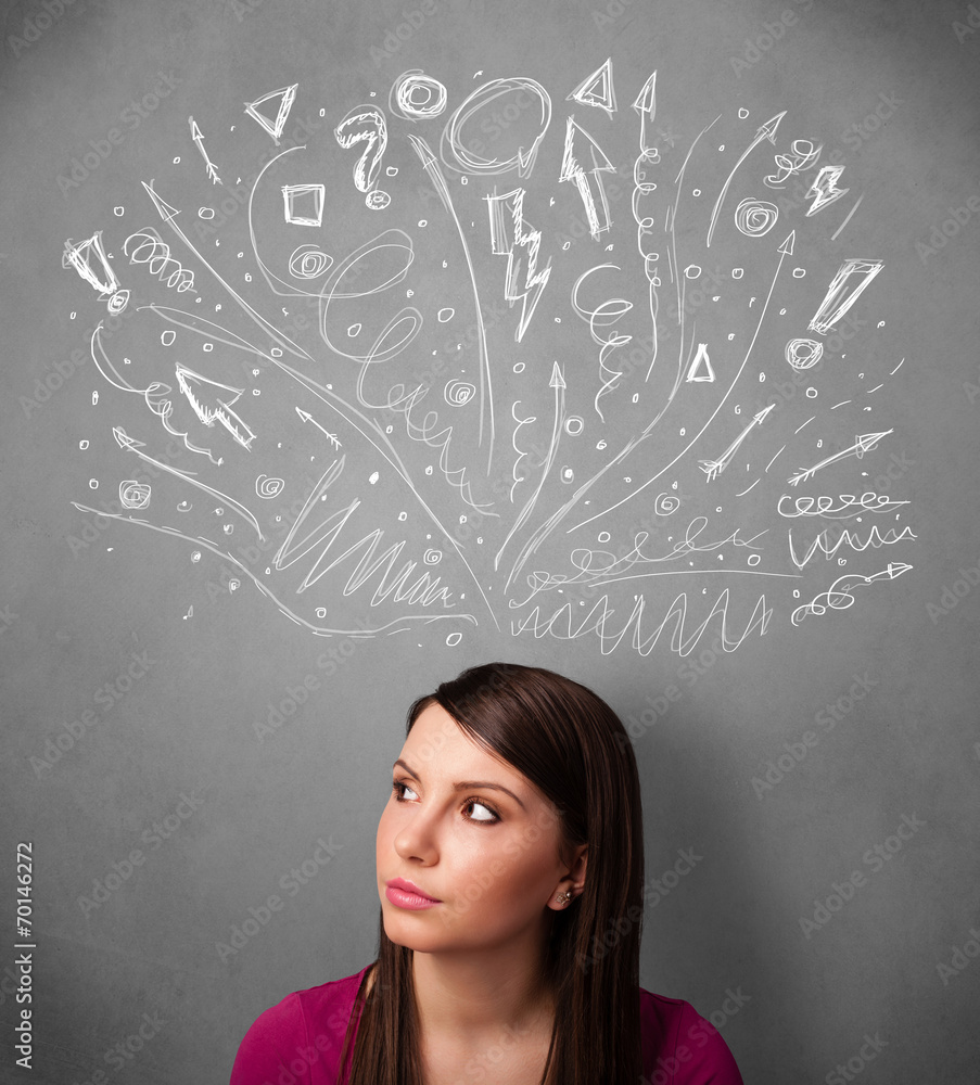 Young woman thinking with sketched arrows above her head Young woman thinking with sketched arrows above her head