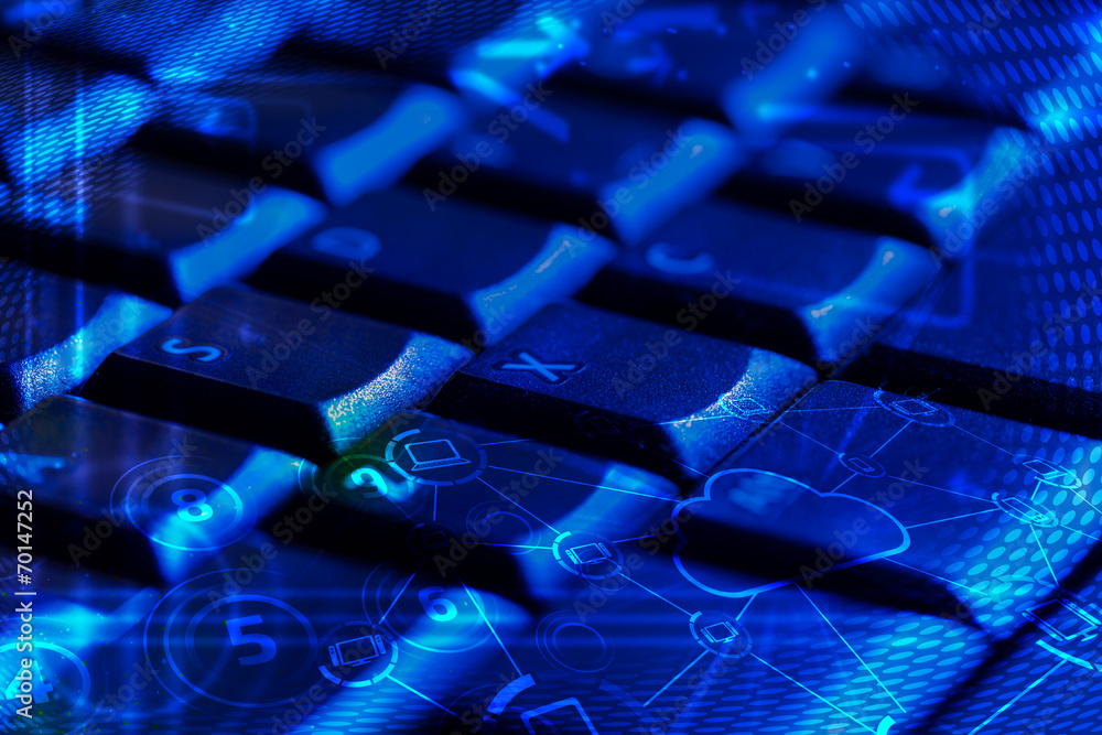 Keyboard with glowing cloud technology icons Keyboard with glowing cloud technology icons