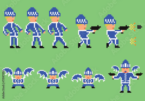 pixel art set of bandit in blue sport clothes