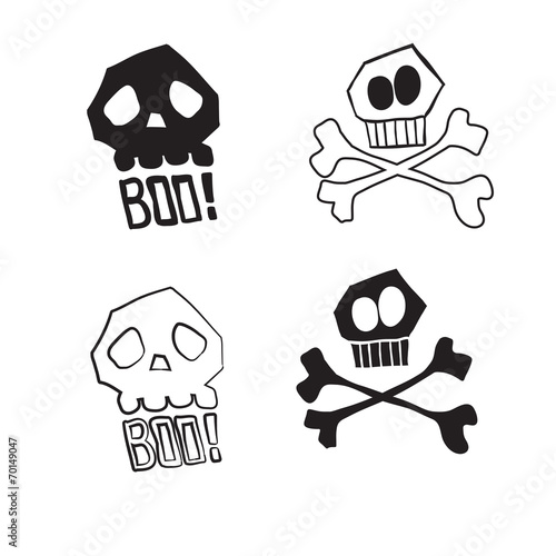 Cartoon Hand drawn skull with crossbones illustration.