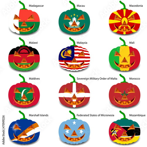 Set pumpkins for Halloween as a flags of the world. Vector illus