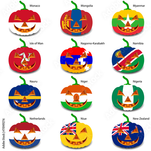 Set pumpkins for Halloween as a flags of the world. Vector illus