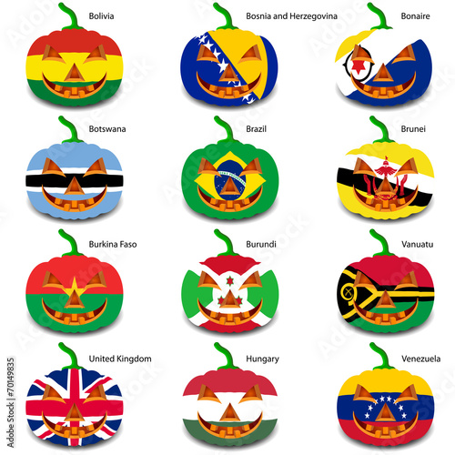 Set pumpkins for Halloween as a flags of the world. Vector illus