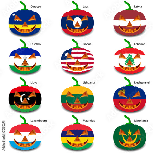 Set pumpkins for Halloween as a flags of the world. Vector illus