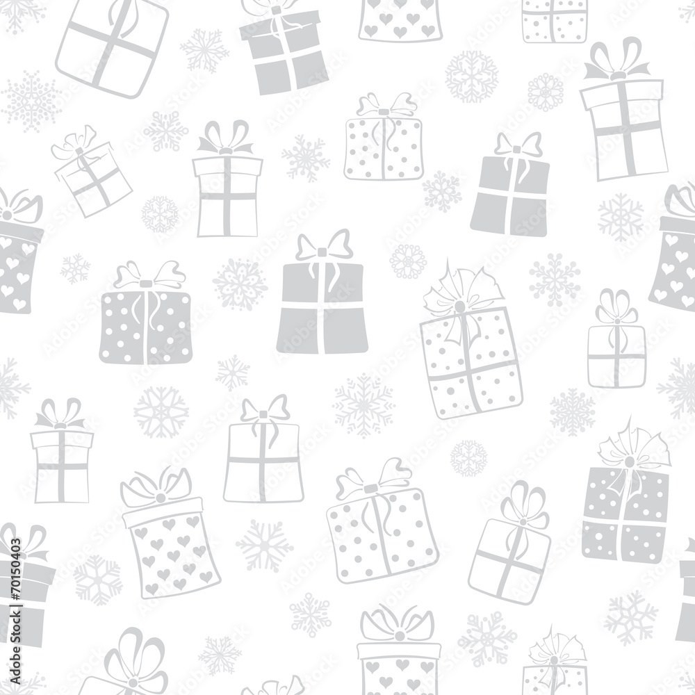 Seamless pattern of gift boxes, gray on white