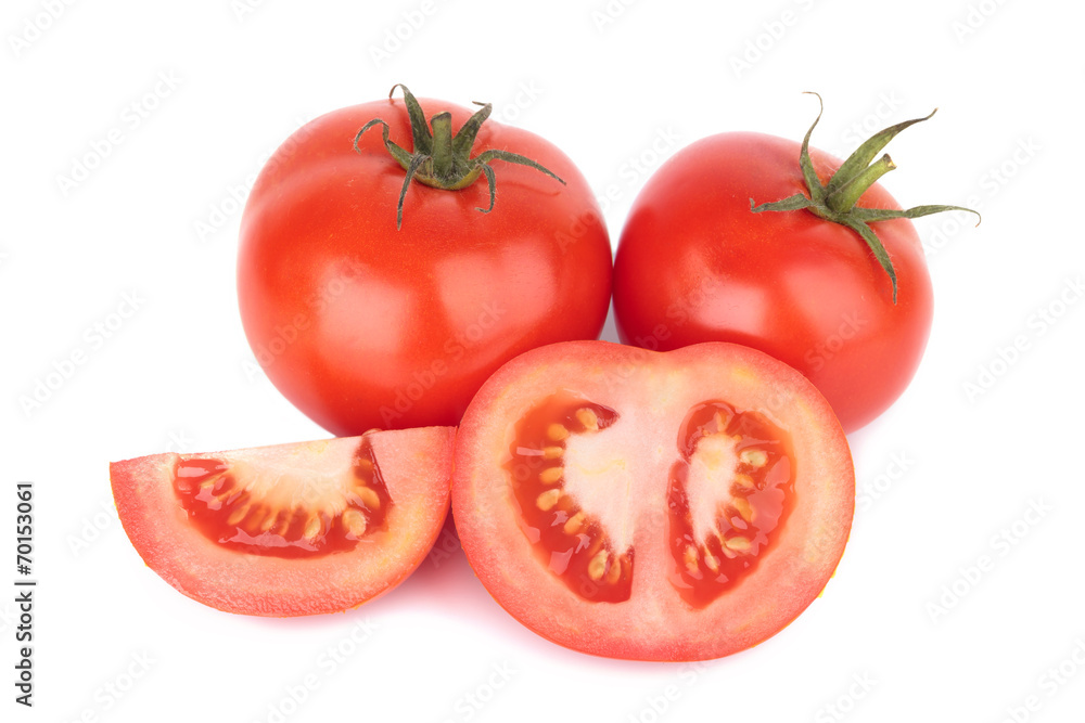 Tomato with drops isolated on white background