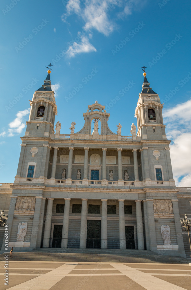 Facade of Almudena Cathedral in Madrid Spain