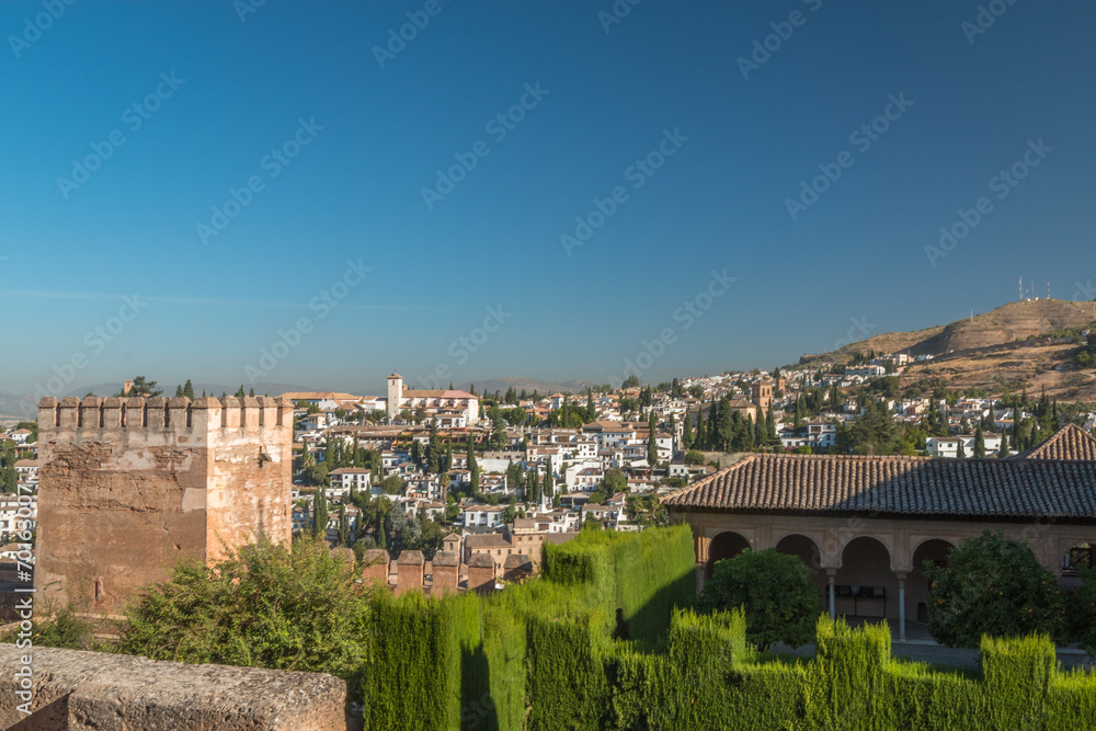 View of Walls of Alhambra palace and old town of Granada 
