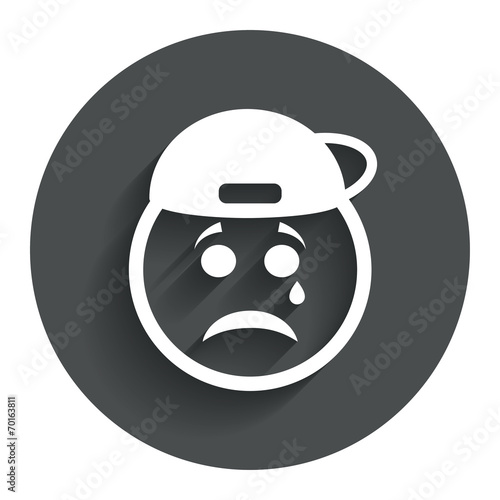 Sad rapper face with tear icon. Crying symbol.