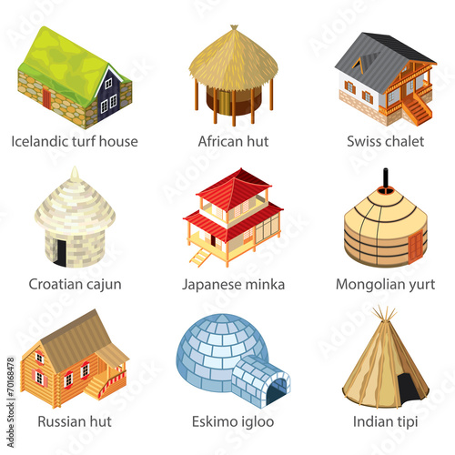 Houses of different nations icons vector set