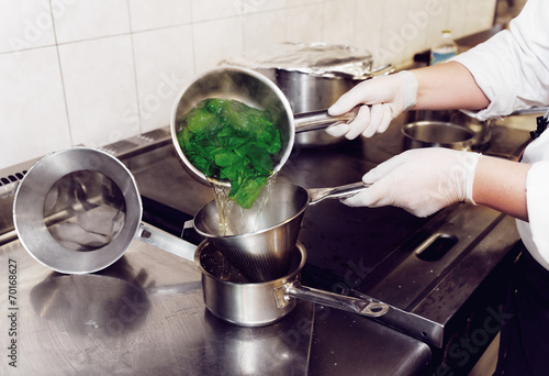 Chef is blanching fresh spinach