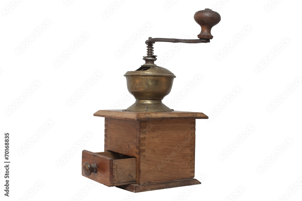 Old wooden coffee grinder isolated on white background Old wooden coffee grinder isolated on white background